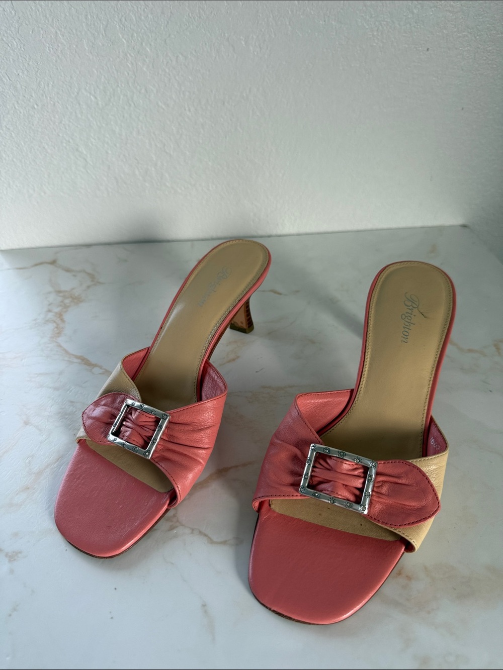 Brighton Coral Pink and Beige Buckle Slide Heels